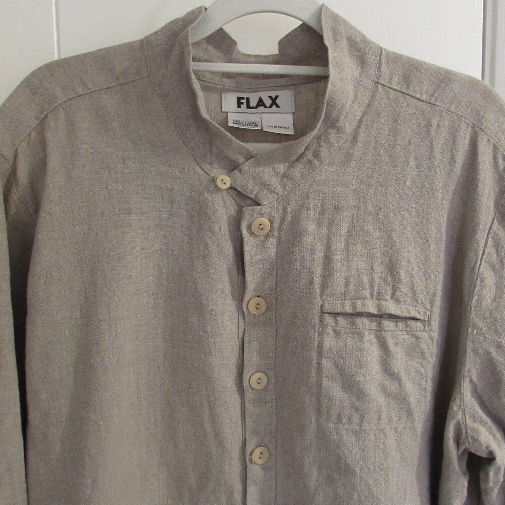 FLAX 100% Thick Linen Beige Button Up Mandarin Collar Oversized Medium